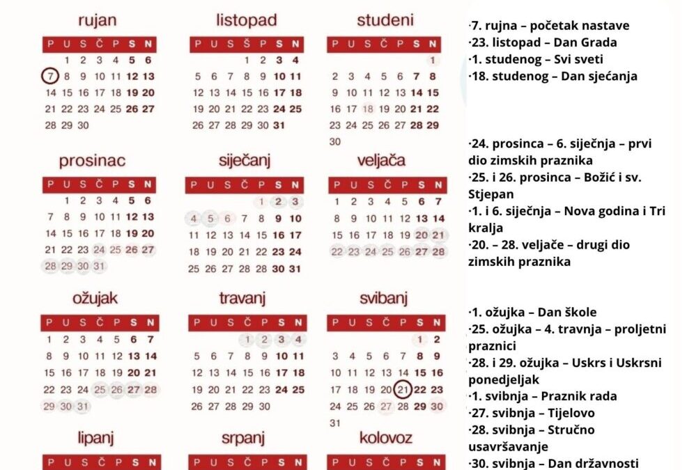 Školski kalendar 2026./2027. godine
